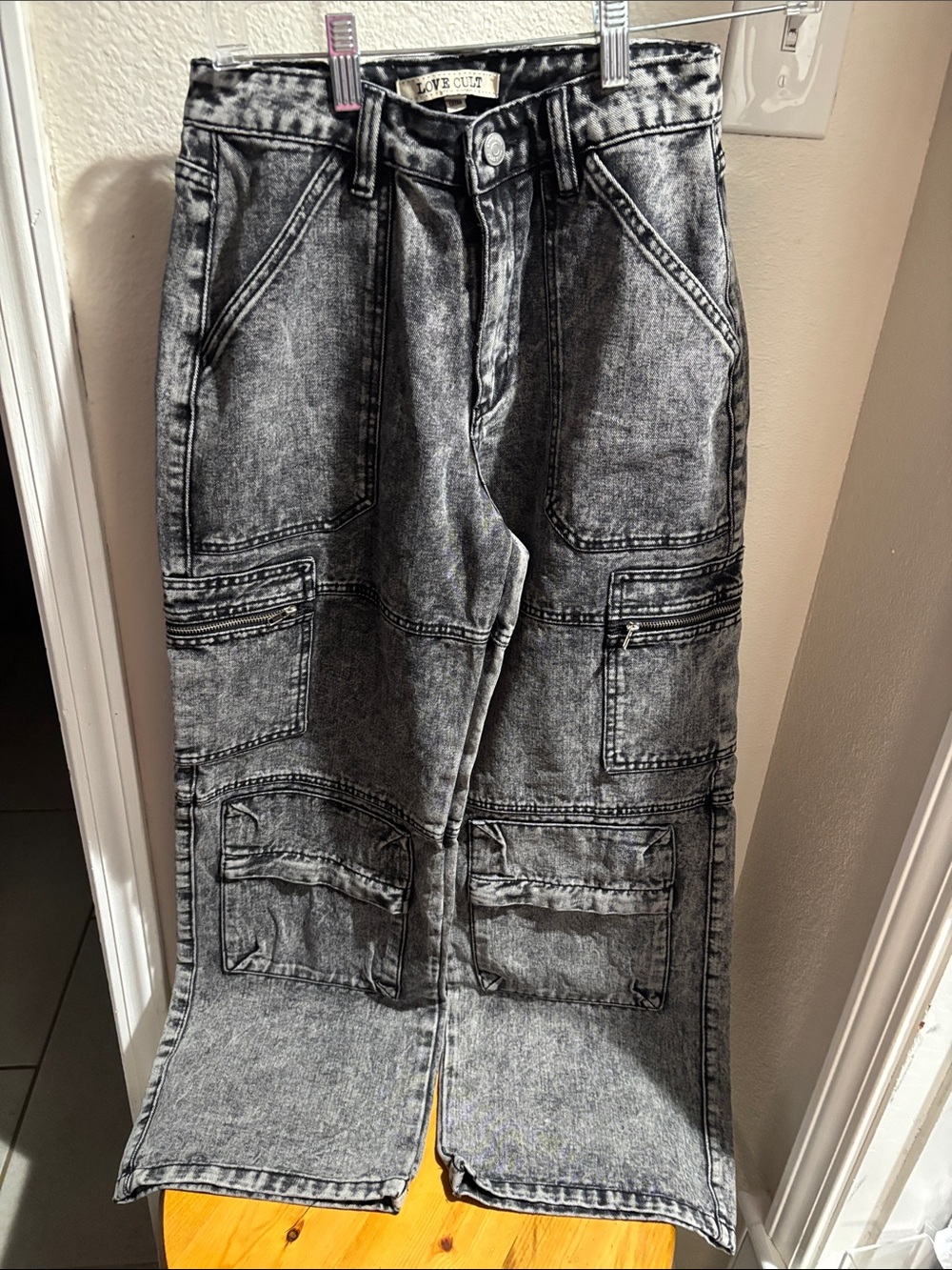 Love Cult Black Acid-Wash Cargo Jeans XS